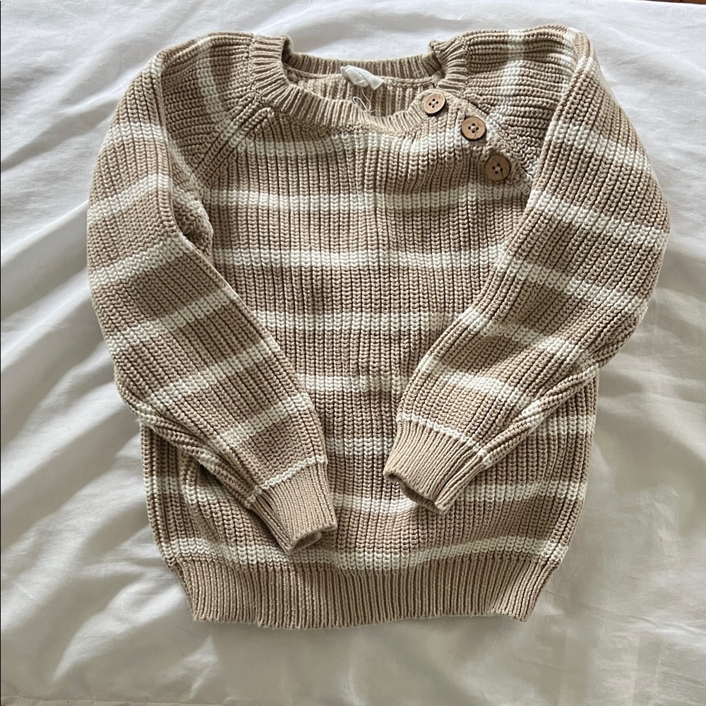Jamie Kay Beige and Cream Striped Button-Shoulder Sweater